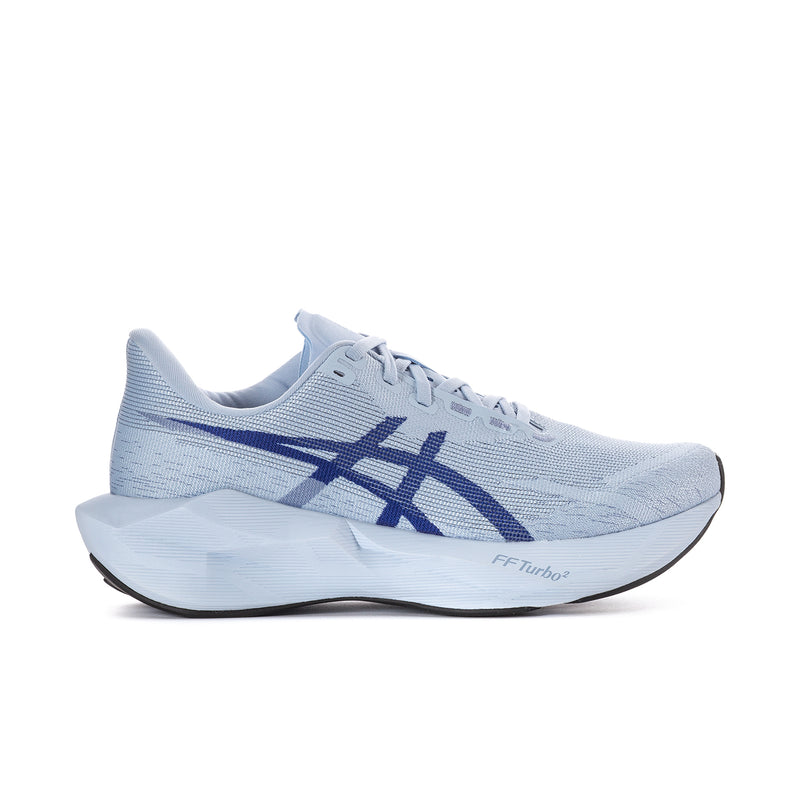 Men's light blue running shoes with navy ASICS stripe logo and lace-up front