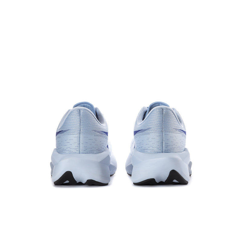 Light blue running shoes heel view with cushioned back and side logo