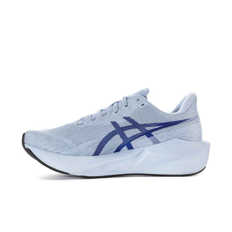 Light blue low-profile running shoe with navy ASICS logo and breathable knit upper