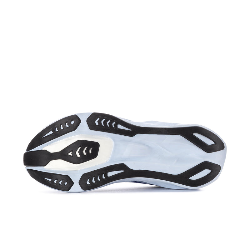 Light blue running shoe outsole with black traction pods and patterned tread
