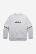 Grey marle O.G Crew sweatshirt with purple globe logo on the chest.