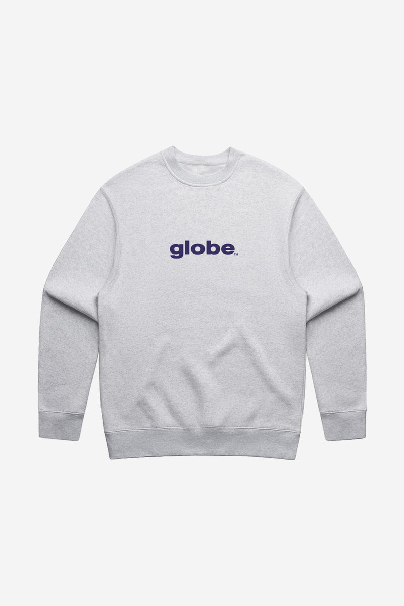Grey marle O.G Crew sweatshirt with purple globe logo on the chest.