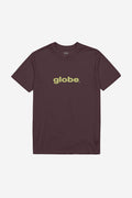 O.G Tee in prune with a large pale yellow globe logo across the chest