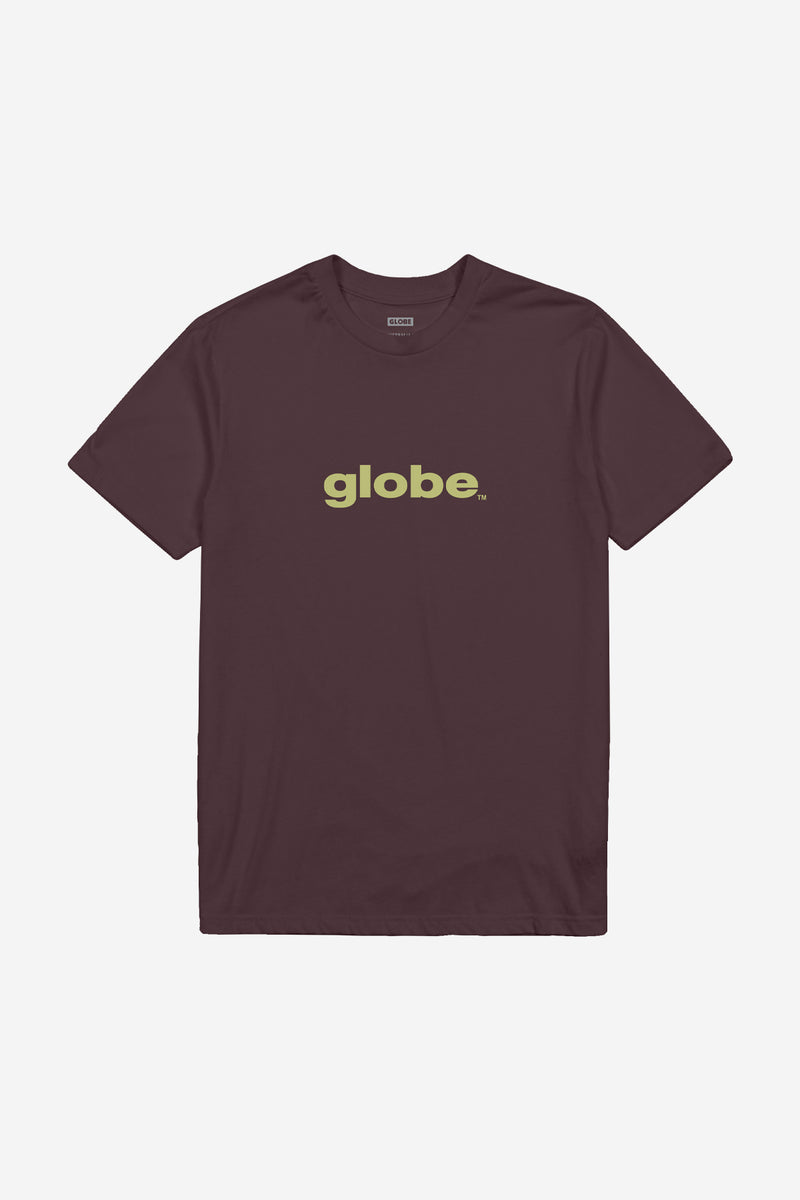O.G Tee in prune with a large pale yellow globe logo across the chest
