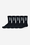 Five black crew socks with a white Globe logo on the side.
