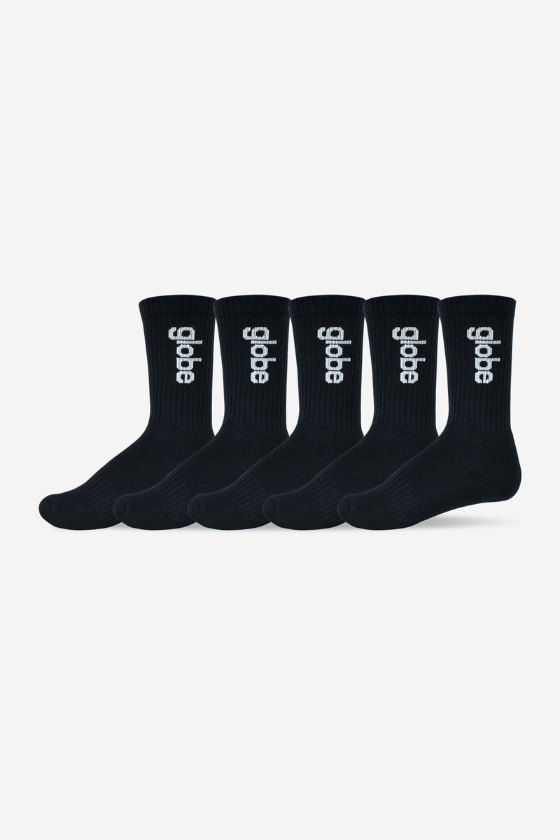 Five black crew socks with a white Globe logo on the side.