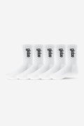Five white Globe Hi Crew socks with black vertical logo