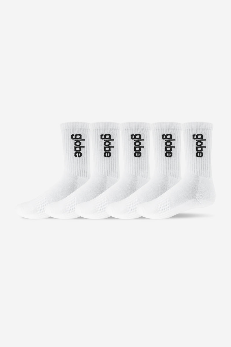 Five white Globe Hi Crew socks with black vertical logo
