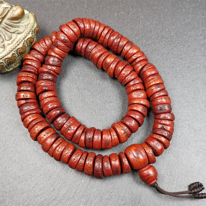 Old Bodhi Seed Mala 0.55" - Tibetan Buddhist mala beads, detailed view