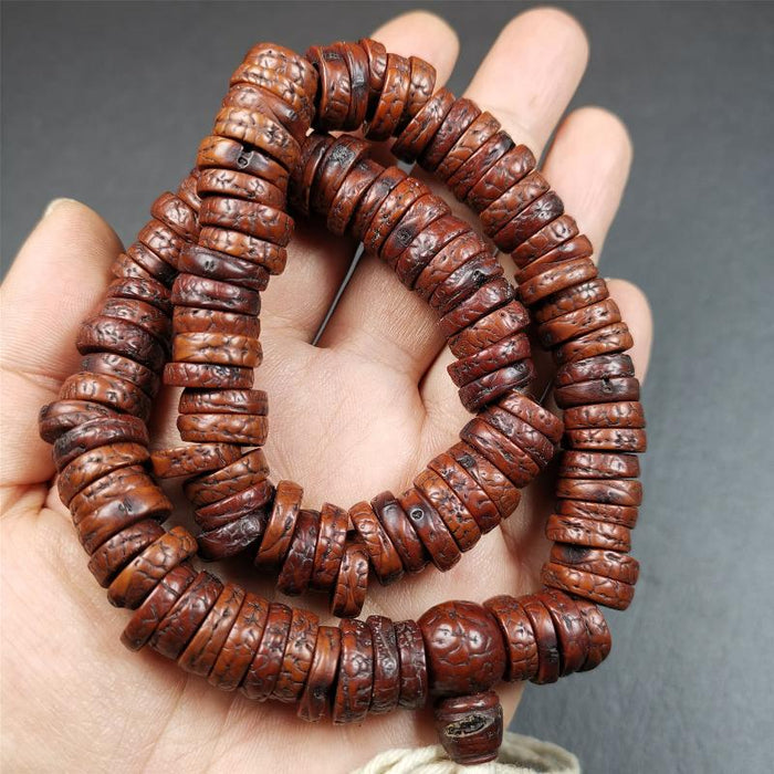 Old Bodhi Seed Mala 0.55" - Tibetan Buddhist mala beads, close-up detail