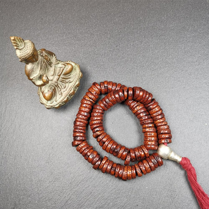 Old Bodhi Seed Mala 0.5" - Tibetan Buddhist mala beads, front view