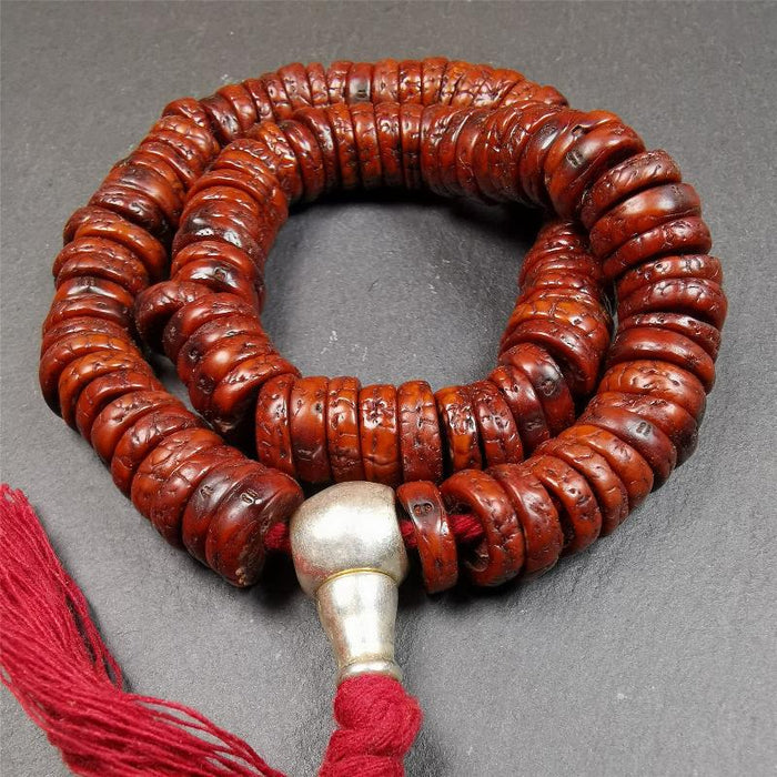 Old Bodhi Seed Mala 0.5" - Tibetan Buddhist mala beads, close-up detail