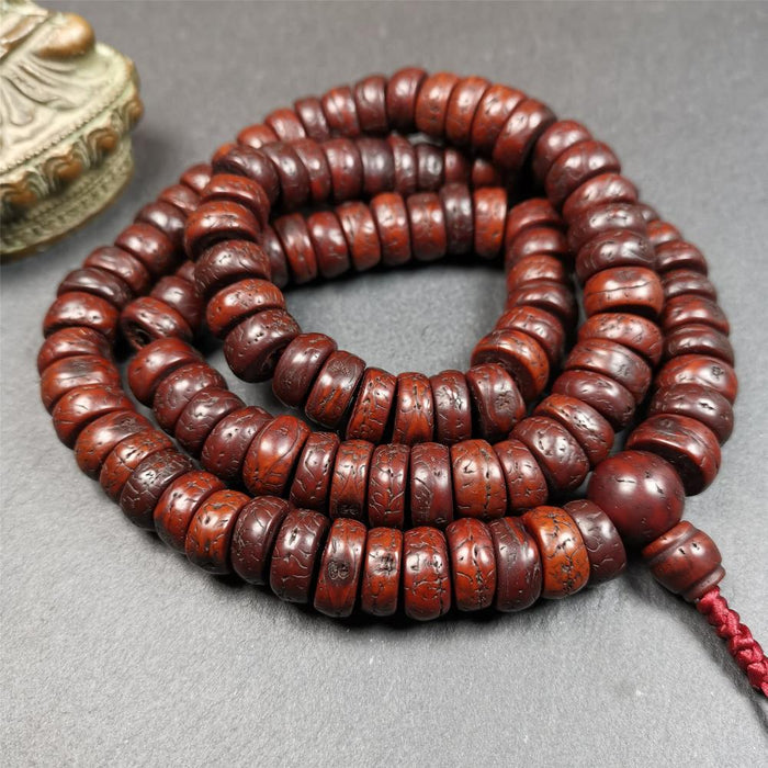 Old Bodhi Seed Mala 0.5" - Tibetan Buddhist mala beads, close-up detail