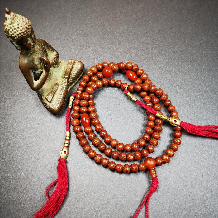 Old Indian Jujube Beads mala -30" - Tibetan Buddhist mala beads, front view