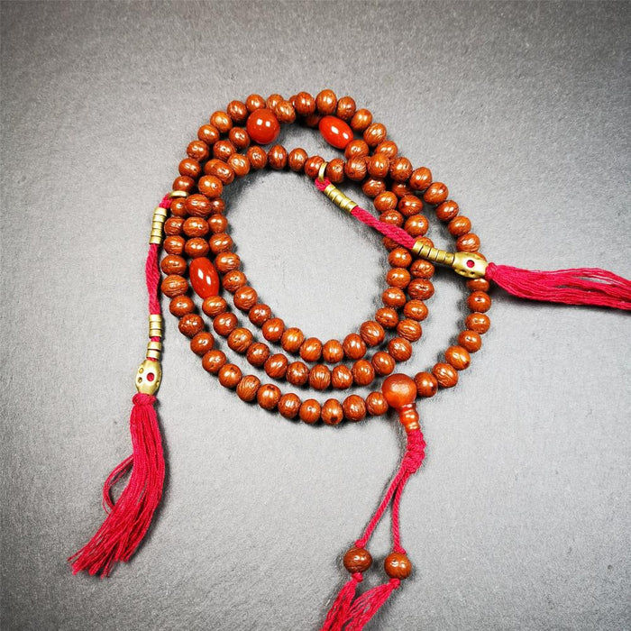 Old Indian Jujube Beads mala -30" - Tibetan Buddhist mala beads, close-up detail