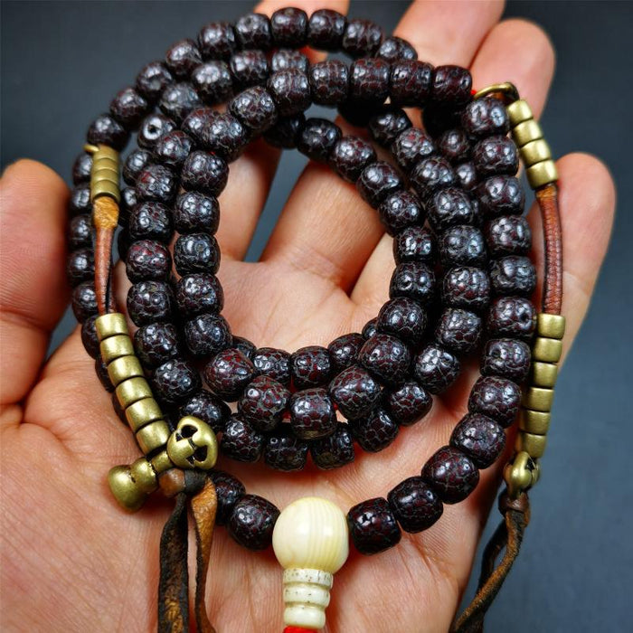 Old Lotus Seed Mala,0.32" - Tibetan Buddhist mala beads, close-up detail
