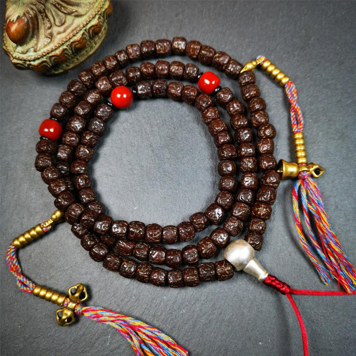 Old Rudraksha Mala 0.32" - Tibetan Buddhist mala beads, front view
