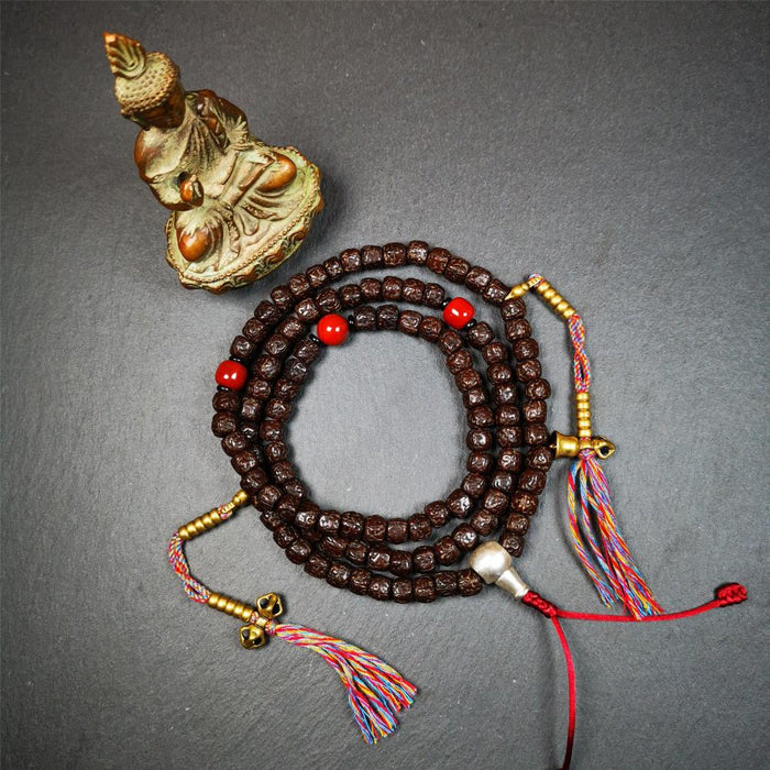 Old Rudraksha Mala 0.32" - Tibetan Buddhist mala beads, detailed view