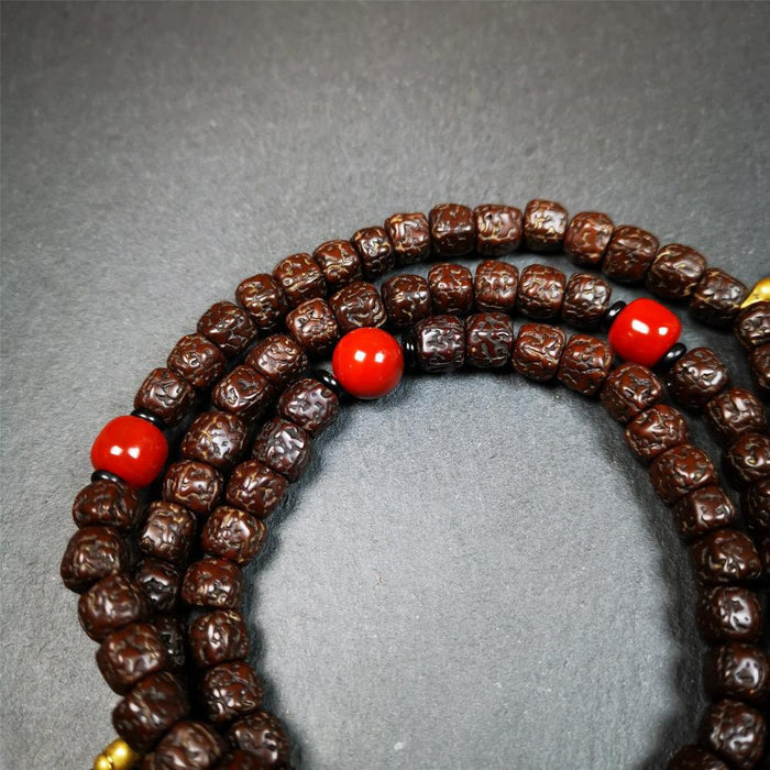 Old Rudraksha Mala 0.32" - Tibetan Buddhist mala beads, close-up detail