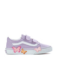 Kids lavender and white sneakers with double hook-and-loop straps and butterfly accents