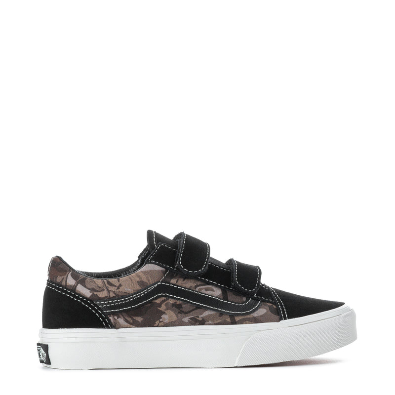Kids black low-top sneakers with camo panels and double hook-and-loop straps