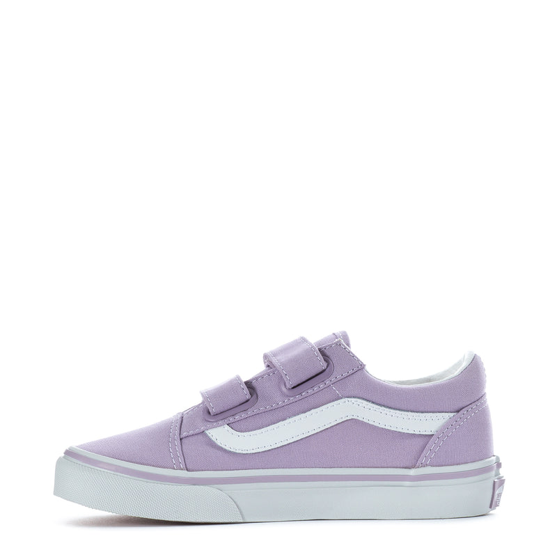 Kids lavender sneakers with white side stripe, double straps, and low profile sole