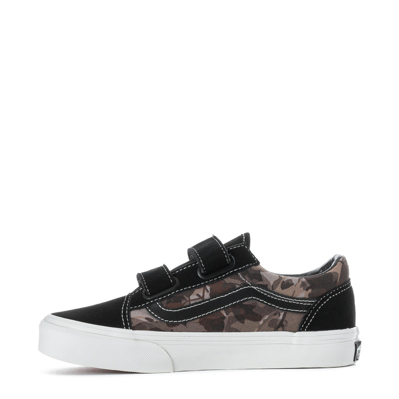 Kids black low-top sneakers with camo interior and double hook-and-loop strap closure