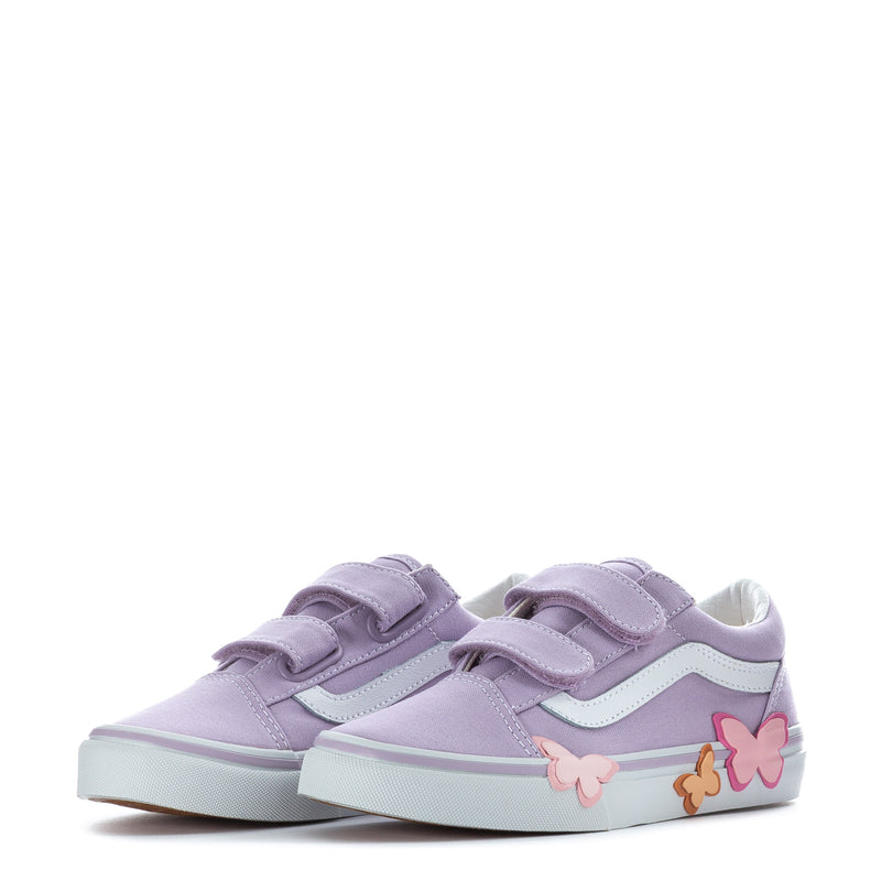 Kids lavender sneakers with two hook-and-loop straps and butterfly graphic on side