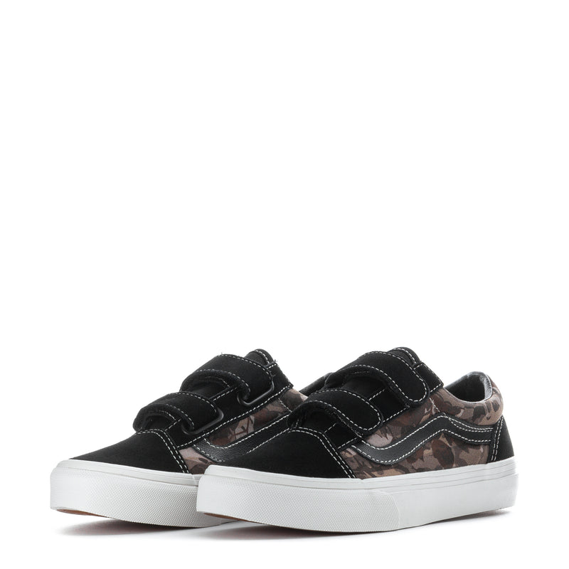 Kids black low-top sneakers pair view with camo panels and double hook-and-loop straps