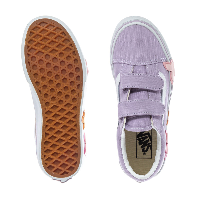 Kids lavender sneakers showing tread outsole and Vans logo on heel