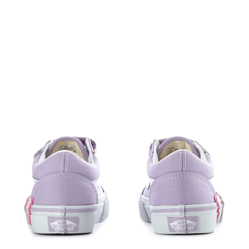 Kids lavender sneakers with white back heel tab and cushioned collar