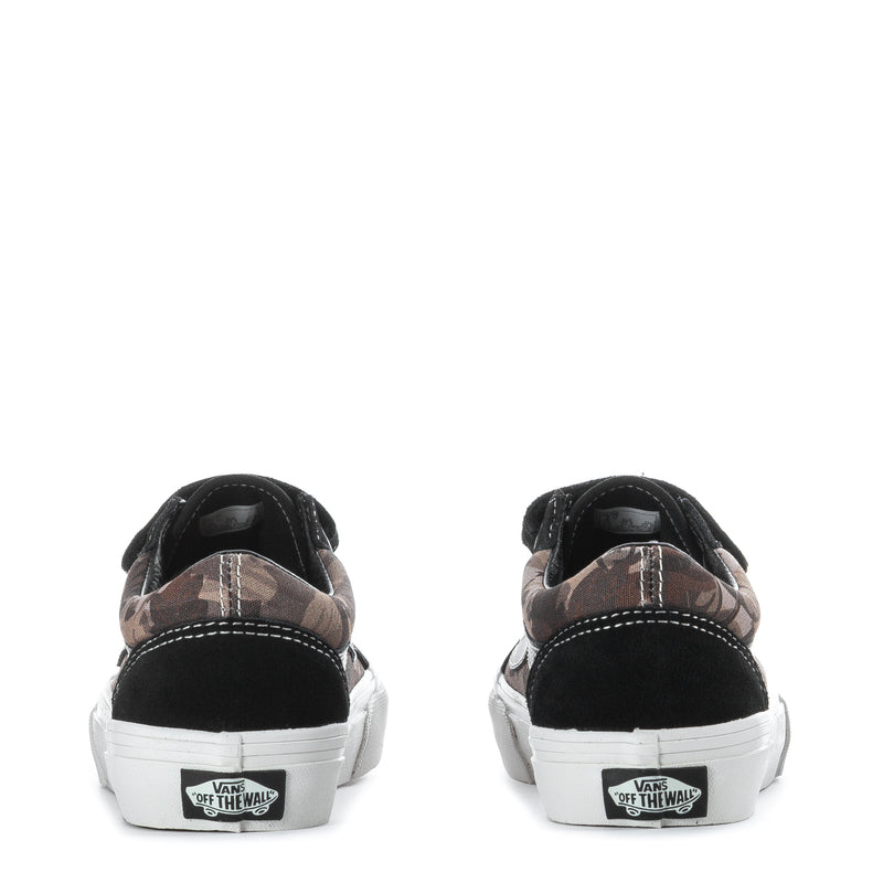 Kids black low-top sneakers pair from behind with camo lining and heel tabs