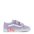 Lavender toddler low-top sneakers with butterfly graphics and hook-and-loop straps