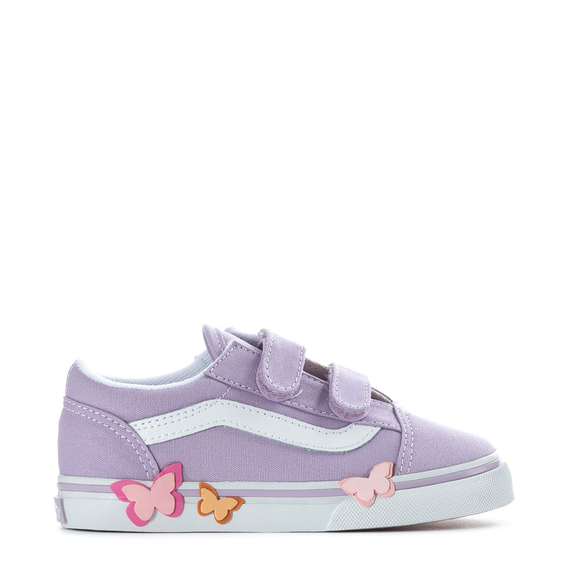 Lavender toddler low-top sneakers with butterfly graphics and hook-and-loop straps