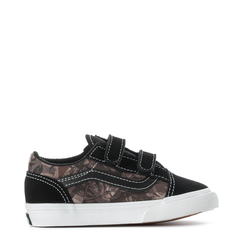 Toddler low-top sneakers in black with camo panel, hook-and-loop straps, white sole