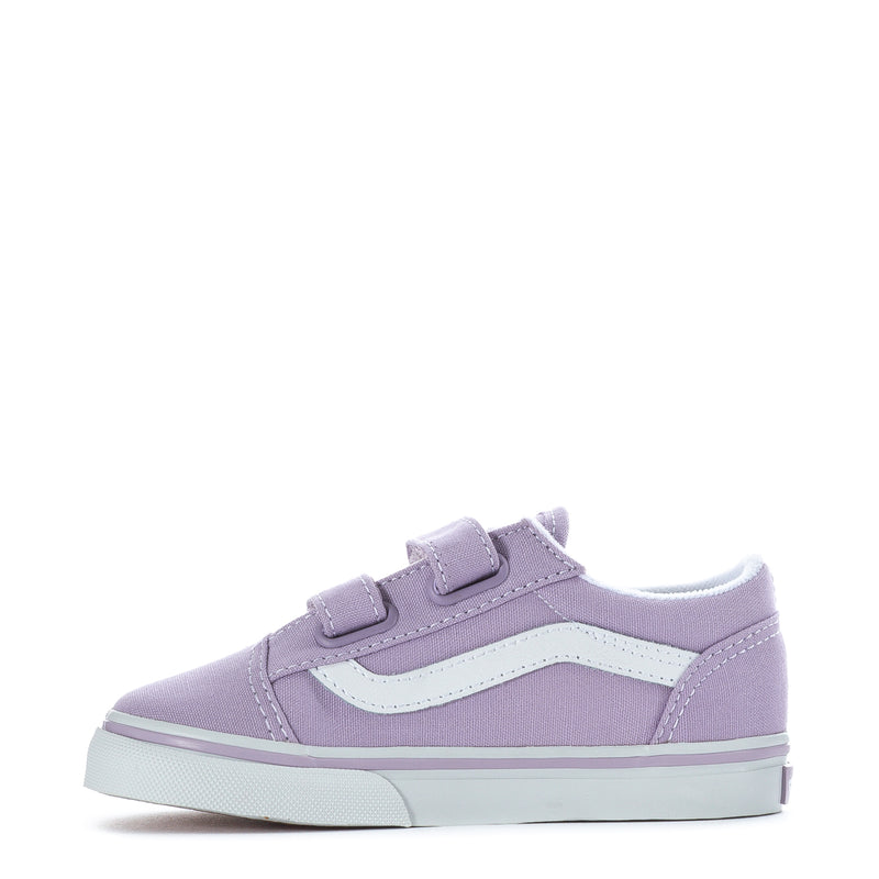 Lavender toddler low-top sneakers with two Velcro straps and white side stripe