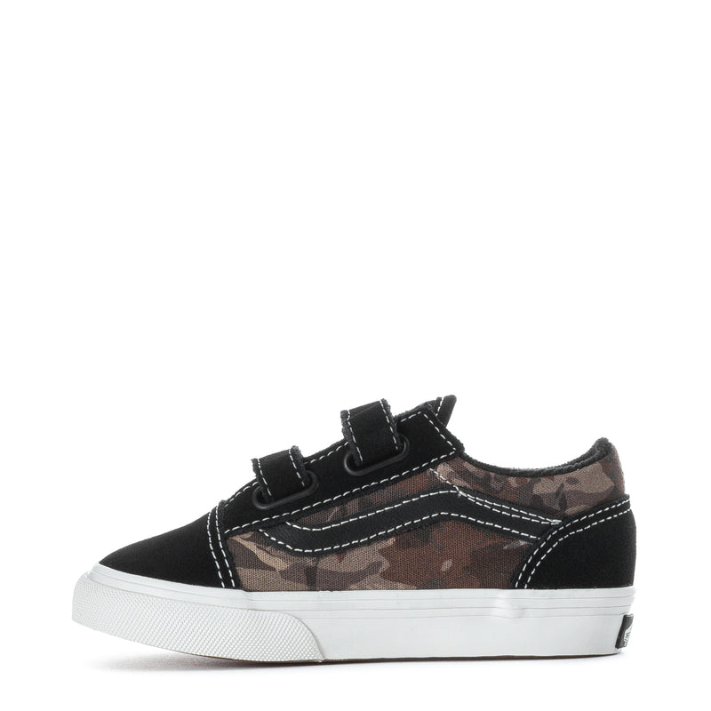 Toddler low-top sneakers, black upper with brown camo side panel, hook straps, white sole