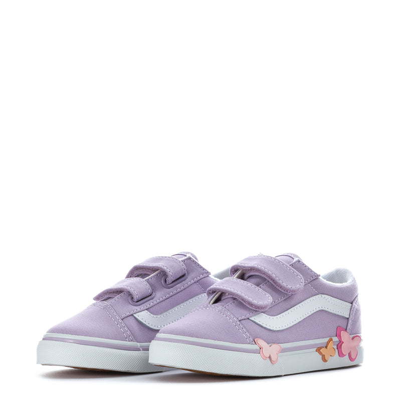 Lavender toddler low-top sneakers, pair view with butterfly accents on the heel