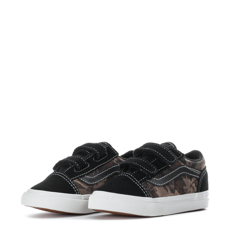 Pair of toddler low-top sneakers with black uppers, camo toe and side, white rubber sole