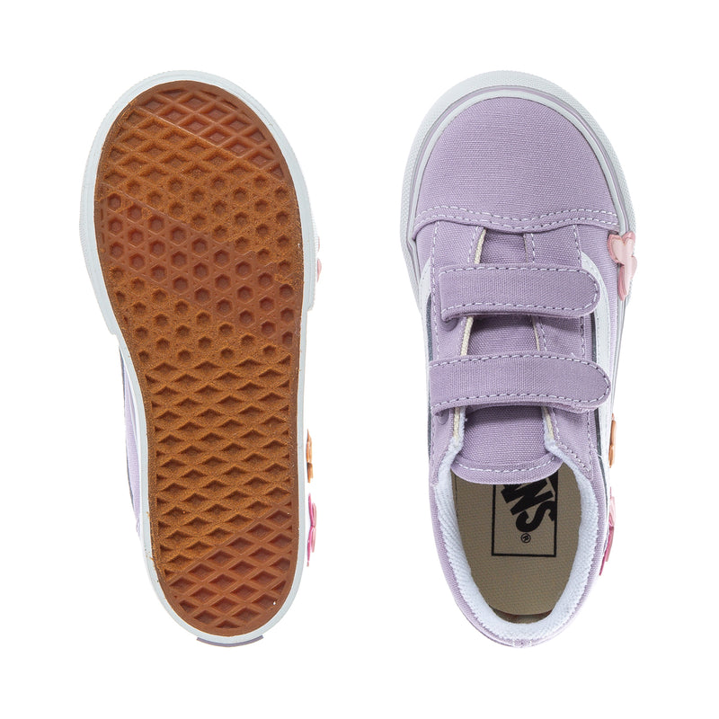 Lavender toddler sneaker outsole and side view with Vans logo label