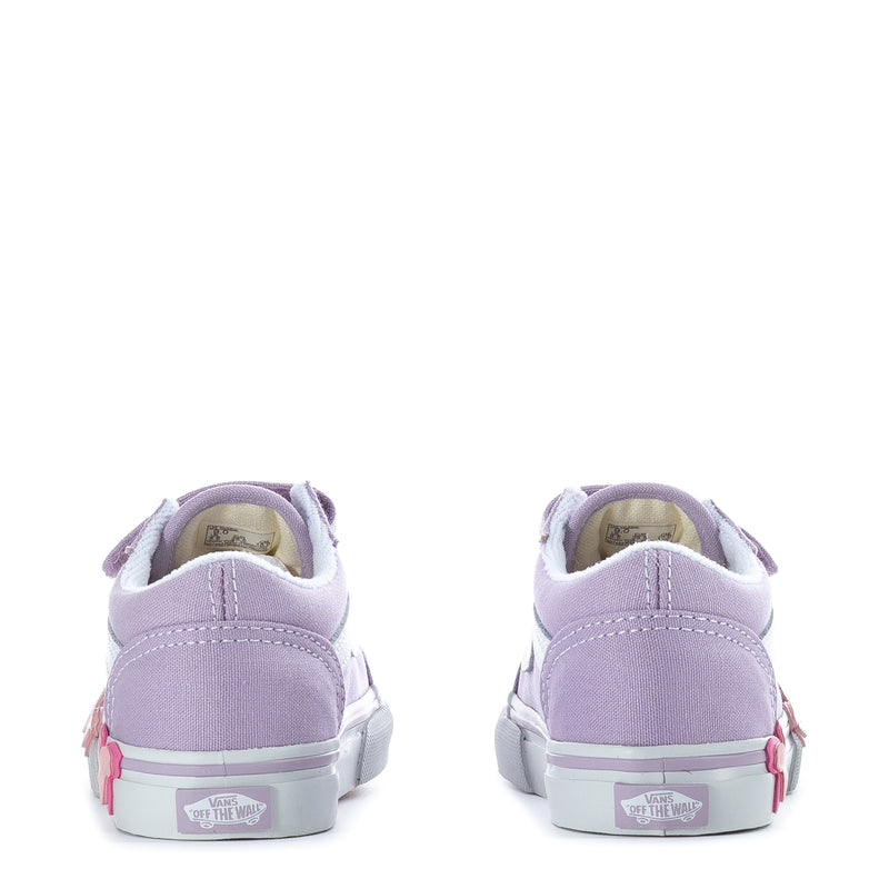 Lavender toddler sneakers, back view with butterfly details and white rubber sole