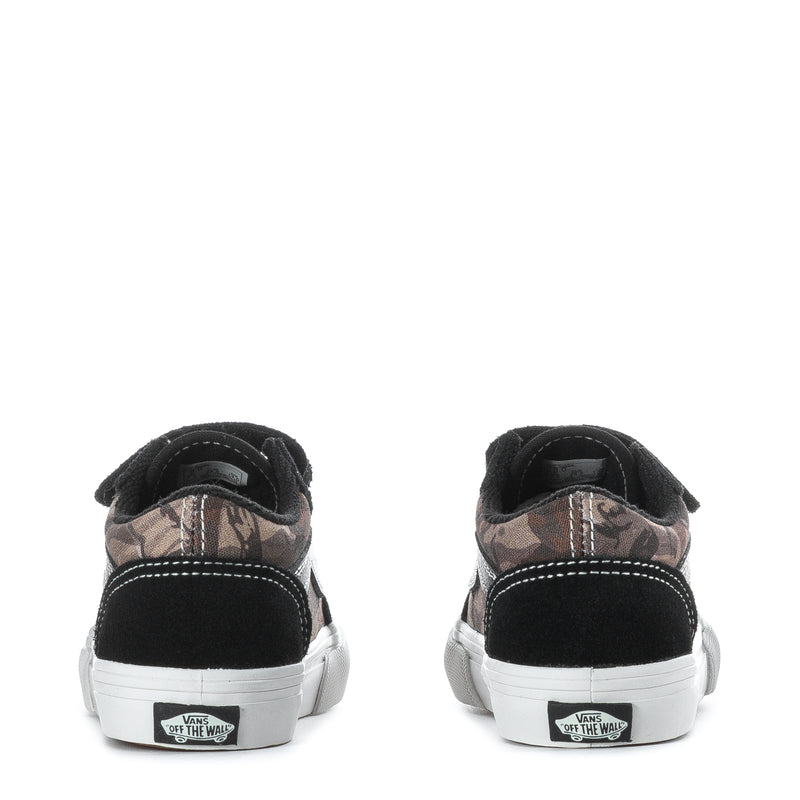 Toddler low-top sneakers back view, black with camo accents, white sidewall