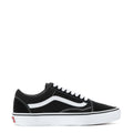 Black low-top sneakers with white side stripe and white lace-up closure