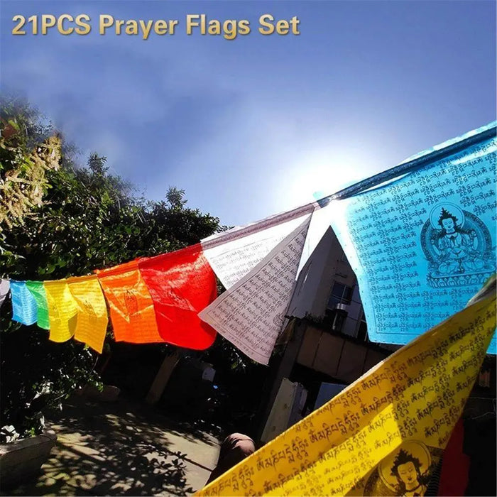 Prayer Flags of Om Mani Padme Hum,17.5 Ft total 21 Flags - Tibetan Buddhist art, close-up detail