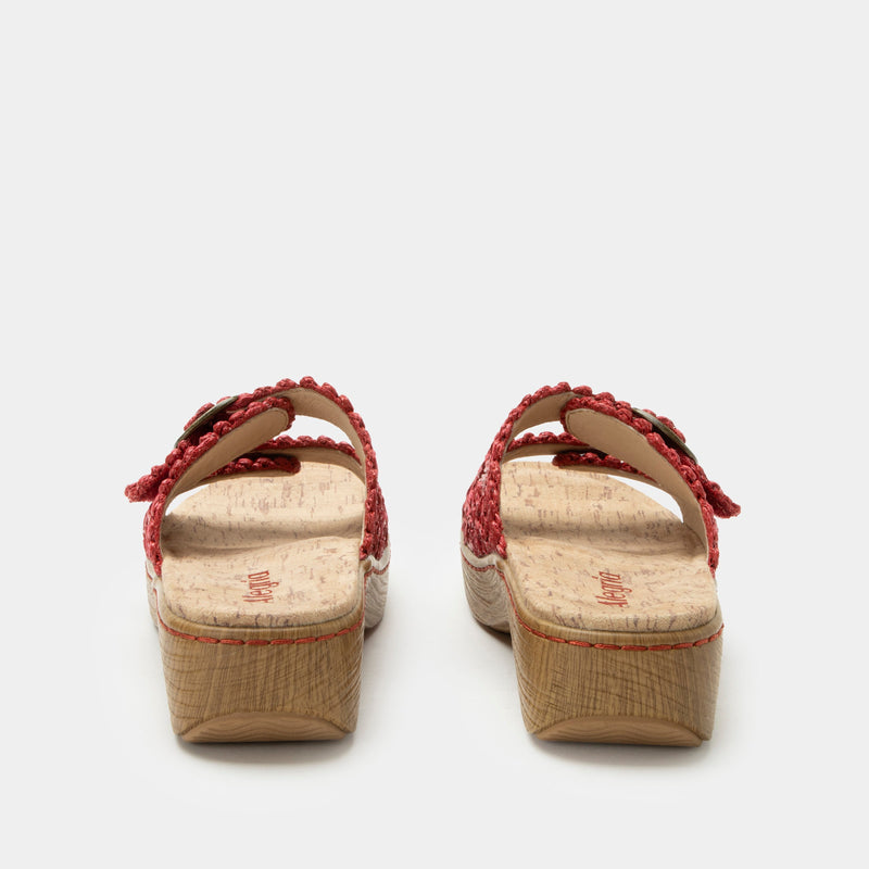 Oona Red sandal on a Wood look rocker outsole | Slide on sandal with two straps and a red braided leather upper.