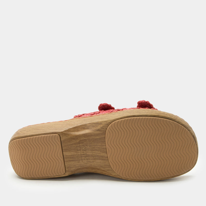 Oona Red sandal on a Wood look rocker outsole | Slide on sandal with two straps and a red braided leather upper.