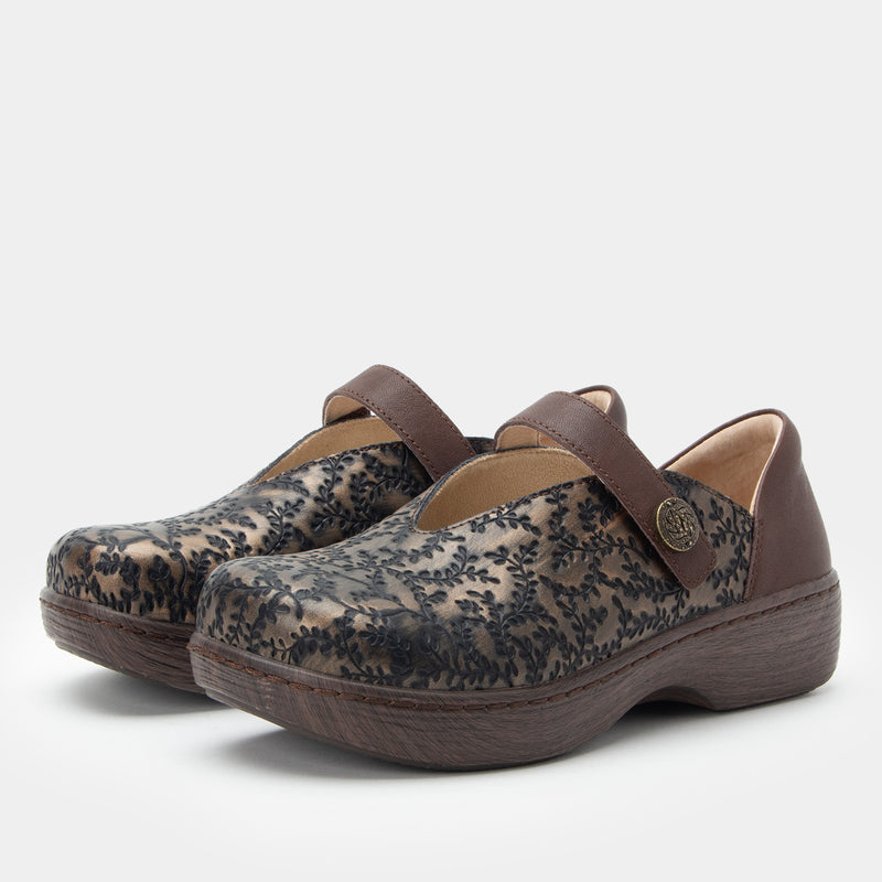 Opheliah Ivy Brush Bronze mary-jane style shoe on a Wood look rocker outsole.