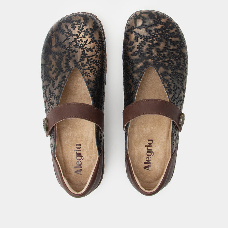 Opheliah Ivy Brush Bronze mary-jane style shoe on a Wood look rocker outsole.