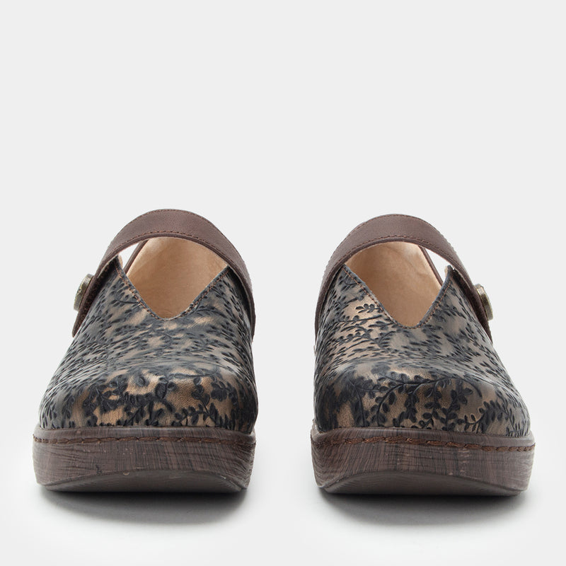 Opheliah Ivy Brush Bronze mary-jane style shoe on a Wood look rocker outsole.