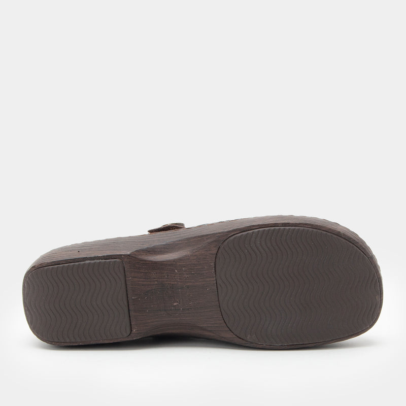 Opheliah Ivy Brush Bronze mary-jane style shoe on a Wood look rocker outsole.